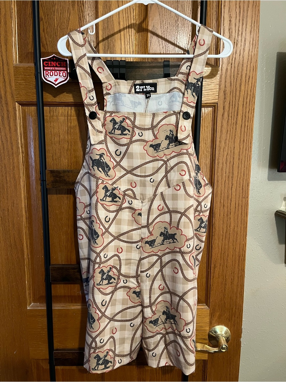 Women’s 2FlyCo Beige Western Print Overall shorts size Medium